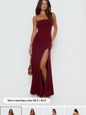 Strapless Side-Slit Maxi Dress in Burgundy